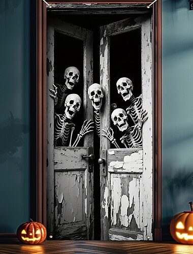  Καλύμματα πόρτας για το Halloween, ανατριχιαστικοί σκελετοί πίσω από την πόρτα, διακόσμηση κουρτίνας πόρτας για το Halloween 2025, φόντο, πανό πόρτας για μπροστινή πόρτα, αγροικία, πάρτι διακοπών,