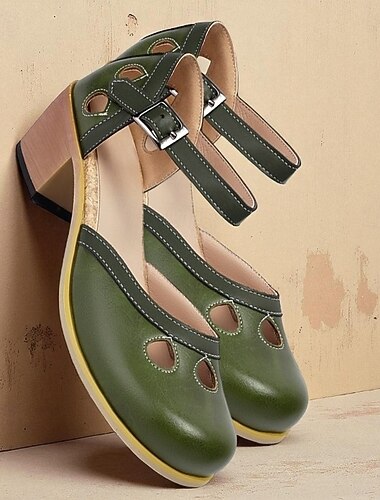  γυναικείες vintage πράσινες γόβες από faux δέρμα mary jane με σχέδιο κοπής και ρυθμιζόμενο λουράκι – άνετα ρετρό μπλοκ παπούτσια με τακούνι για casual και επίσημες περιστάσεις