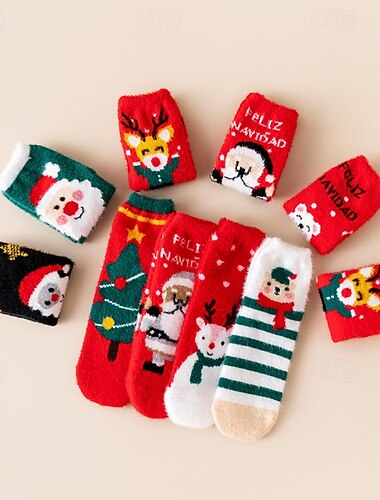  女性用クリスマスソックス、かわいいふくらはぎ丈のふわふわソックス、漫画のトナカイが描かれたフェイクミンクの冬用暖かいソックス &サンタクロースデザイン、ホリデーギフトの心地よいスリープソックス