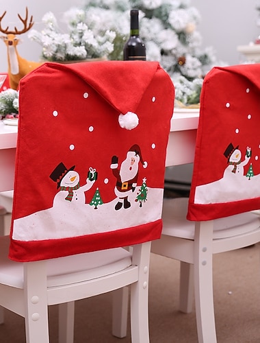  Zestaw 2 pokrowców na krzesła świąteczne, pokrowce na oparcia krzeseł z motywem Świętego Mikołaja i bałwana, świąteczne dekoracje na krzesła do jadalni, pokrowce na krzesła w kształcie czapki Świętego Mikołaja