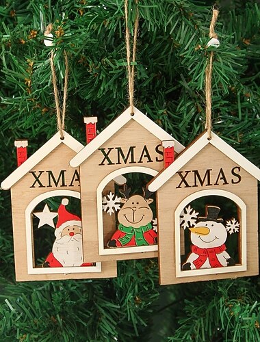  3 stk. julepynt i tre, hengende dekorasjoner av tegneseriejulenissen og snømannen, festlig hengende juletredekorasjon til julepynt og julegaver