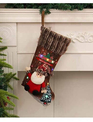  1 stk julestrømpe med julelys, hengende julepynt, gavepose til peis, sokk til høytidsfest, hjem, vinterfestival, feiring