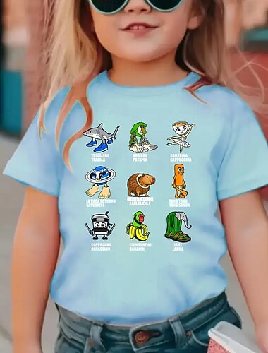  Rolig italiensk t-shirt med grafik och hjärnrot för flickor - lätt och stretchig t-shirt med lätt stretchigt tyg för åldrarna 4-12, avslappnad vardag &födelsedagsfestkläder barn sommartröja lekfull
