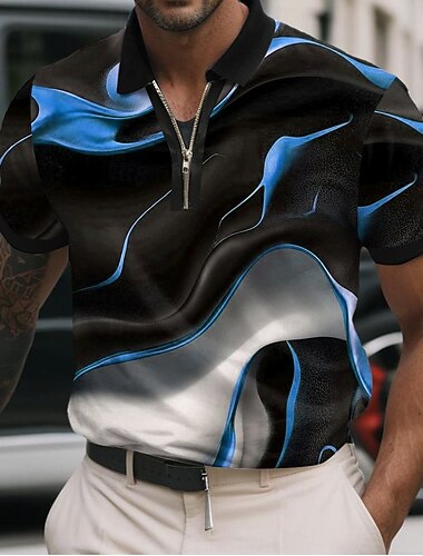  Voor heren Meetkundig Lijn Poloshirts met rits Korte mouw Poloshirt Overhemden met kraag Casual Sportkleding Alledaagse kleding 3D-afdrukken Zomer Geel blauw Oranje
