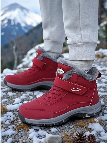  Bottes de randonnée d'hiver imperméables rouge foncé pour femmes – doublées de fourrure moelleuse, chaussures de neige antidérapantes pour l'extérieur, chaussures de trekking et de voyage chaudes