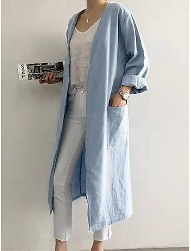  Γυναικεία Casual Jacket Άνετο Αναπνέει Τσέπη Καθημερινό Σκέτο Διακοπές Δρόμος Καθημερινά Ρούχα Εξόδου Ανοικτό Μπροστά Μακρύ Χωρίς Γιακά Κανονικό Μακρυμάνικο Εξωτερικά ενδύματα Θαλασσί Σομόν Γκρίζο