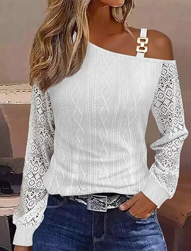  Per donna Maglietta Semplice Casual Manica Lunga Monospalla Top Regolari Quotidiano Uscire Weekend Perle Bianco e grigio Bianco Avorio Bianco sporco Estate