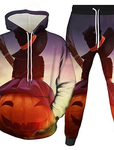  Halloween Herre Græskar 2stk 3D sweatshirt sæt Træningsdragt Hættetrøje Langærmet Lange bukser Hætte Afslappet Hverdag atletiktøj Festival outfit 3D-udskrivning Hætte Forår Efterår Vinter Sort Gul