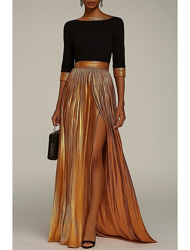  schwarz-goldenes A-Linien-Abendkleid, elegantes Kleid, formelle Hochzeit, bodenlang, lange Ärmel, U-Boot-Ausschnitt, champagnerfarbenes Kleid für die Brautmutter, Stretch-Satin mit Falten 2025