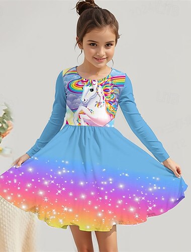  ragazze' 3D Unicorno Abito Manica Lunga Estate Primavera Vacanza Quotidiano Ferie Principessa Bello Dolce Bambini 4-12 Anni Vestito Casual Abito a trapezio Lunghezza al ginocchio Vestibilità regolare