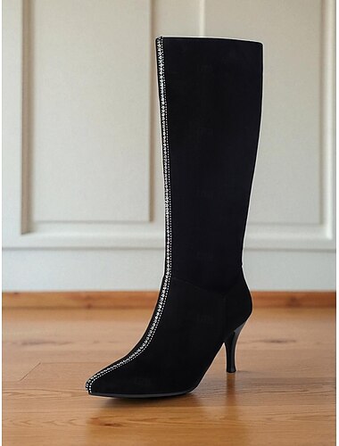  Zwarte kniehoge dameslaarzen met strass-versiering - puntige neus, stilettohak, nette laarzen voor dagelijks gebruik, avond- en herfst/wintermode