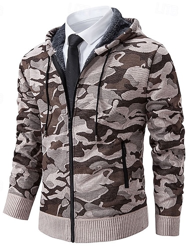  Herren Kapuzensweatshirt Vollreißverschluss-Kapuzensweatshirt Fleece Kapuzensweatshirt Hoodie mit Fleecefutter Camouflage-Kapuzenpullover Armeegrün Blau Dunkelgray Beige Mit Kapuze Einfach Tarnung