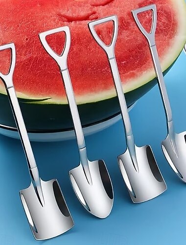  4 Stück Schaufellöffel aus Edelstahl, kreative süße Mini-Schaufel-Dessertlöffel, Haushaltsgeschirr aus Edelstahl für Wassermelone, Eiscreme, Paare