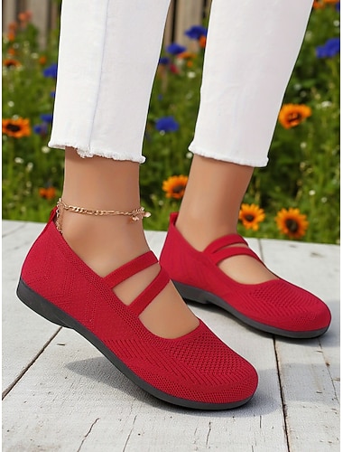  Weite rote Flyknit-Mary-Jane-Ballerinas für Damen – atmungsaktive, bequeme Schuhe mit runder Spitze für Weihnachten, Garten und Reisen