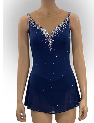  Eiskunstlaufkleid Damen Mädchen Eislaufkleid Marineblau Offener Rücken Asymmetrischer Saum Mesh Hohe Elastizität Training Wettkampf Eislaufbekleidung Klassisch Kristall/Strass Langarm Eiskunstlauf