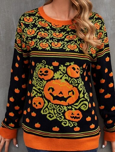  女性用 ニット カジュアル カボチャ リブ クルーネック ニット プリント 長袖 レギュラートップス ニット ハロウィーン 祝日 お出かけ オレンジ 冬