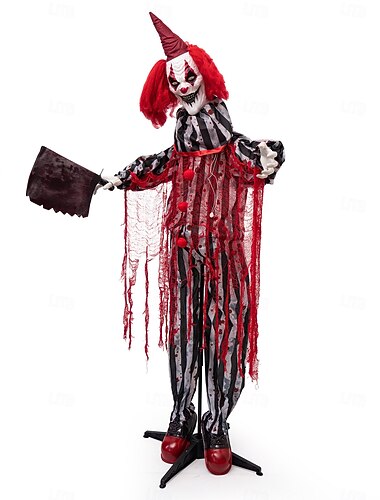  statuina di pagliaccio di Halloween che tiene in mano un coltello da macellaio, oggetto decorativo luminoso con sensore elettrico per la stanza segreta di una casa stregata