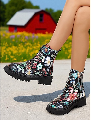  Bottines de combat noires à imprimé floral pour femmes – fermeture éclair latérale à lacets, semelle crantée épaisse, chaussures élégantes pour le quotidien et les festivals