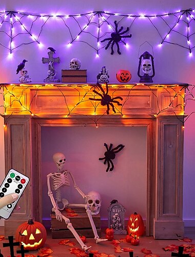  1 ks 180 * 30cm halloweenské pavučinové světlo fialové oranžové světlo pro vnitřní setkání, atmosféru dekorativního světla, dálkové ovládání, USB, AAA baterie, box