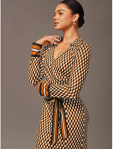  Vestito da donna color cachi con stampa geometrica 3D, aderente, vita alta, elastico, comodo, elegante, vintage, alla moda, sirena, per tutti i giorni, feste, lavoro, autunno