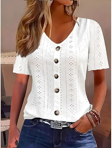  Top in pizzo bianco elegante da donna camicetta di pizzo top regolari quotidiani maniche corte scollo a V bottoni vestibilità ampia top romantici da indossare quotidianamente petite abbigliamento per