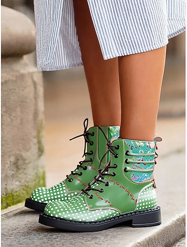  Bottines à lacets en cuir à pois verts pour femmes avec un design patchwork coloré, chaussures d'extérieur décontractées à talon plat confortables