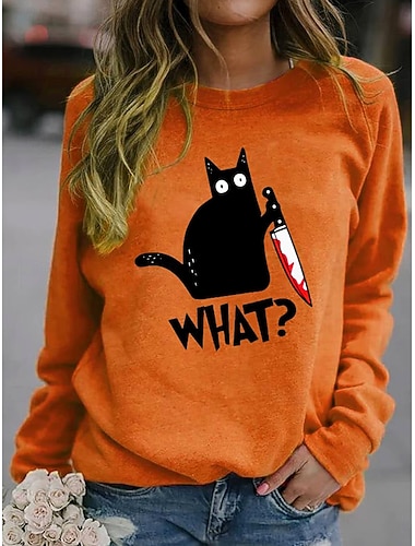 Damen Sweatshirts Schwarze Katze Grafik Katze Buchstabe Mode Lässig Lange Ärmel Rundhalsausschnitt Rundhalsausschnitt Reg normale Tops Straße Tägliche Kleidung Lässig Druck Blau Orange Braun Grün   Damen Sweatshirts Schwarze Katze Grafik Katze Buchstabe Mode Lässig Lange Ärmel Rundhalsausschnitt Rundhalsausschnitt Reg normale Tops Straße Tägliche Kleidung Lässig Druck Blau Orange Braun Grün