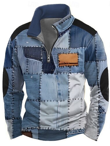  Per uomo Geometrico Plaid 3D Felpa Casual Manica Lunga Collo Alto Feste Club Blu Marrone Cerniera Zip a un quarto Autunno Inverno progettista