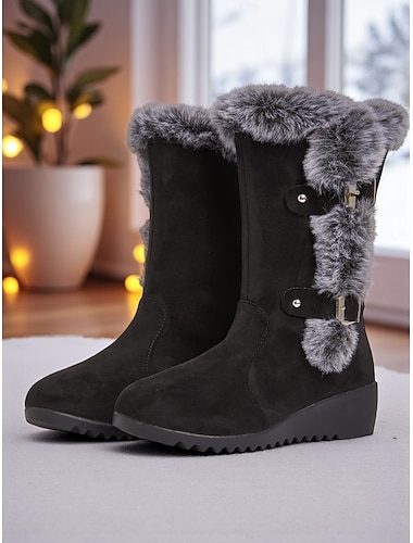  Botas de invierno negras de ante sintético para mujer, de media caña, con forro de piel afelpada, antideslizantes, con tacón de cuña, para exteriores, cálidas para trekking y viajes.