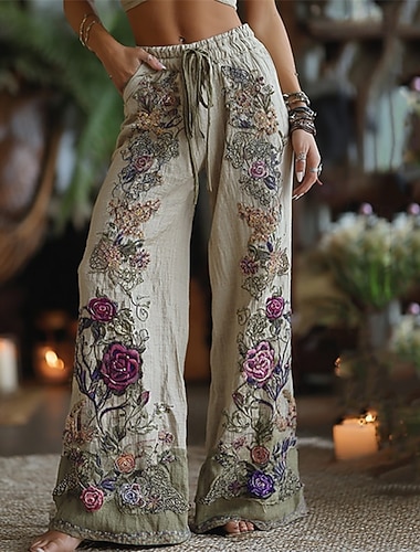  Damen Weites Bein Hosen Hose Palazzo-Hose Mode Boho Volle Länge Hohe Taille Blume Kordelzug Elastischer Bund Druck Atmungsaktivität Bequem Straße Alltagskleidung Ausgehen Blau Armeegrün Orange Grün