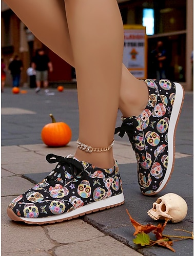  Zapatillas con cordones y estampado de calabaza de Halloween para mujer: zapatos casuales ligeros para caminar, ropa de calle de otoño y cosplay. &fiestas de disfraces
