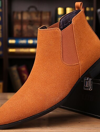  Pánské béžové chelsea boty z umělé semiše - klasické business casual kotníkové boty do kanceláře, do práce i na každodenní nošení.