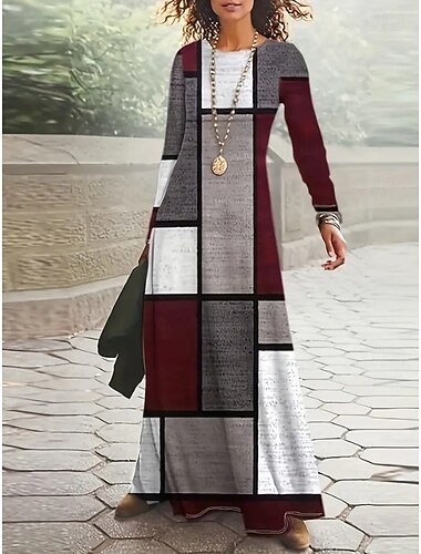  Per donna Abito maxi Vestito T-Shirt Abito a trapezio Abito Estivo Vacanza Casual Spiaggia Quotidiano Vestibilità regolare Grafico Geometrico Astratto Manica Lunga Girocollo Vino Primavera Autunno