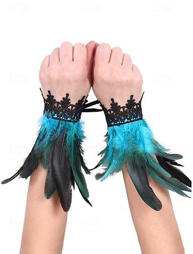  Algemas de pulso de penas góticas de Halloween para mulheres, pulseira de renda preta e penas coloridas, acessórios de fantasia para festas, cosplay e baile de máscaras