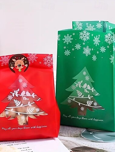  Lot de 50 sacs cadeaux en plastique de Noël - couleurs mélangées avec motifs de flocons de neige et d'arbres de Noël - Décoration de fête de Noël réutilisable - Fournitures cadeaux - Décorations de