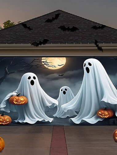  Halloween Okładka Drzwi Garażowych Trio Duchów z Banerem Dyni Duża Tkanina Tła Dekoracyjnego na Święto na Zewnątrz dla Drzwi Garażowych i Ścian Domu Dekoracje Halloween 2025