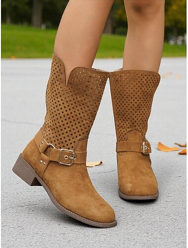  Women's Brown Faux Suede Mid Calf Boots with Cutout Design and Buckle Strap – Casual Western Style Boots for Fall, Outdoor and Streetwear