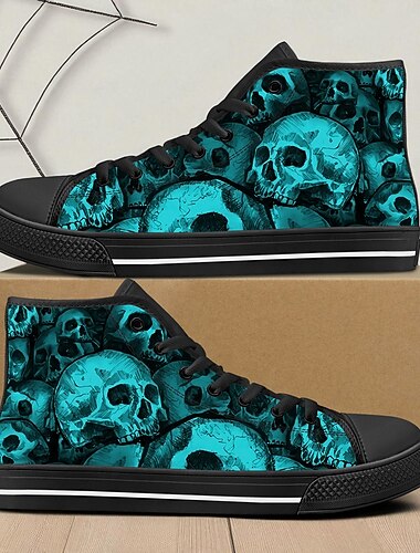  grønne høye sneakers med hodeskalletrykk til menn – gotisk punk-stil lerretssko til halloweenfest, klubbliv og daglig streetwear
