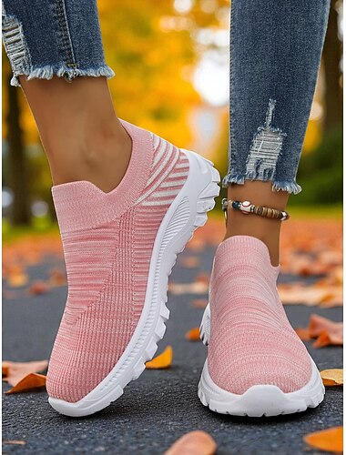  Dámské růžové flyknit nazouvací tenisky s bílou podrážkou – ležérní lehká vycházková obuv na fitness, cestování i každodenní nošení