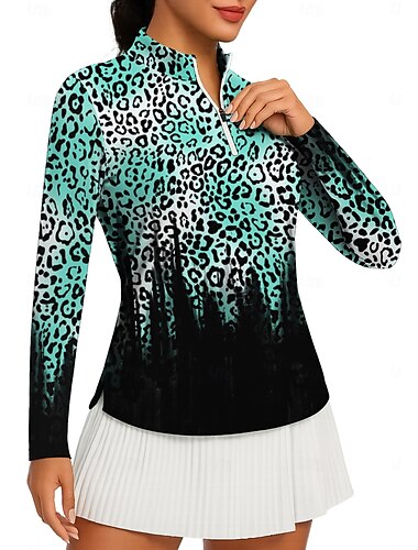  Damen Leopard Farbverlauf Oberteile Golf-Poloshirt Tennis Shirt Tennis-T-Shirt Langarm Druck Viertel Postleitzahl Pullover UV Schutz Elastisch Atmungsaktiv Tennis Golfspiel Pickleball Stehkragen
