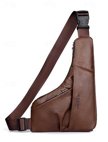  Brun herre-crossbody-taske i kunstlæder – vintage bryst-skuldertaske med justerbar rem og flere lynlåslommer til rejser, udendørs brug og hverdagsbrug