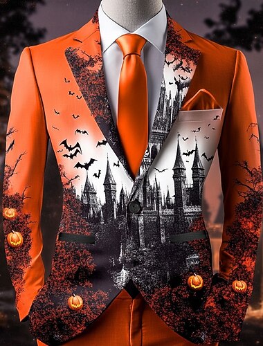  Halloween رجالي خفاش قصر جاكيت بليزر مريح فني كاجوال ملابس الحفلات والسهرات مناسب للبس اليومي مهرجان طباعة ثلاثية الأبعاد Buttons متعدد الجيب الربيع خريف & شتاء طوق مسطح كم طويل أحمر برتقالي أخضر