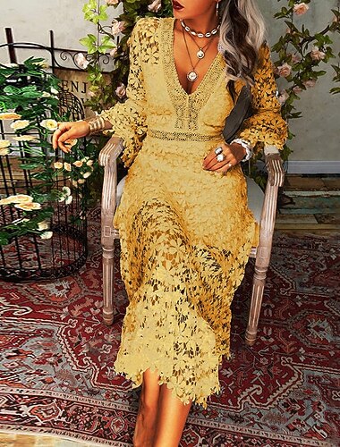  Damen Langes Kleid Maxikleid Spitzenkleid Freizeitkleid Sommerkleid Mode Modern Täglich Strand Wochenende Normale Passform Einfach Langarm V Ausschnitt Blau Gelb Rosa Sommer Frühling