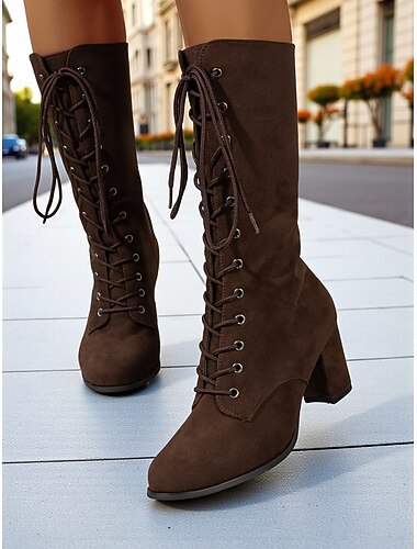  bottes à lacets en daim marron pour femmes - bottes mi-mollet vintage modernes avec talons épais pour la mode de tous les jours, les promenades d'automne et les costumes à thème