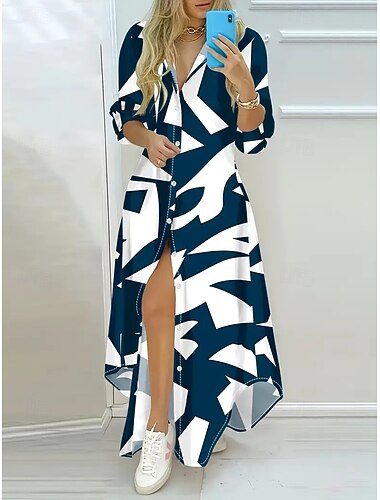  Per donna Abito maxi Abito aderente Vacanza Casual Formale Matrimonio Ufficio Vestibilità comoda Grafico Foglia Manica Lunga Colletto a Camicia Blu reale Blu Verde Estate Primavera Autunno