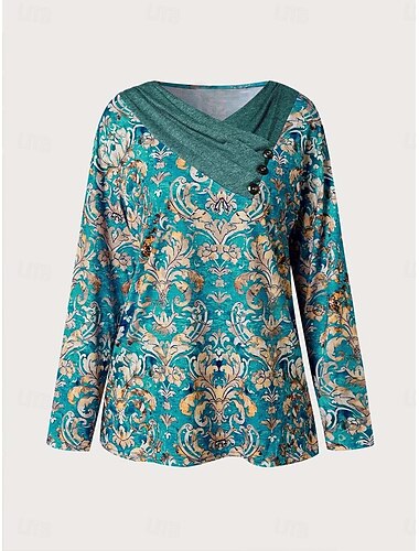 Camiseta de mujer de manga larga gráfica geométrica plantas básica de manga larga cuello alto cuello en V tops regulares diarios deportes fines de semana botones impresión verde gris primavera otoño