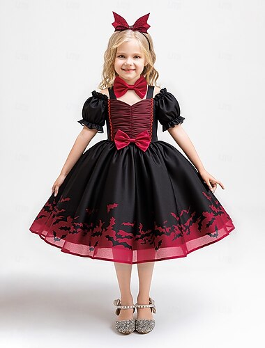  子供 女の子 パーティードレス グラフィック 半袖 パーティー ハロウィーンパーティー ハロウィンカスタマー 甘い ポリエステル 夏 春 秋 子供 ブラック