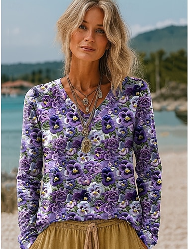  Camiseta de mujer de manga larga con gráfico floral plantas vintage elegante casual escote en V regular tops diarios estampado blanco verde claro rosa púrpura marrón primavera otoño preotoño