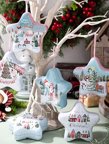  Kerstversiering in blikken doos met ophangriem, cartoon vakantie-opbergdoos, kerstversiering en geschenkdoosdecoratie