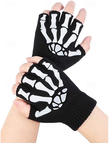  Gants tricotés sans doigts pour hommes avec tête de mort pour Halloween - Gants chauds en acrylique extensible à demi-doigts avec poignets côtelés, style punk gothique - parfaits pour les fêtes costumées, le cosplay, les friandises et les festivals d'auto